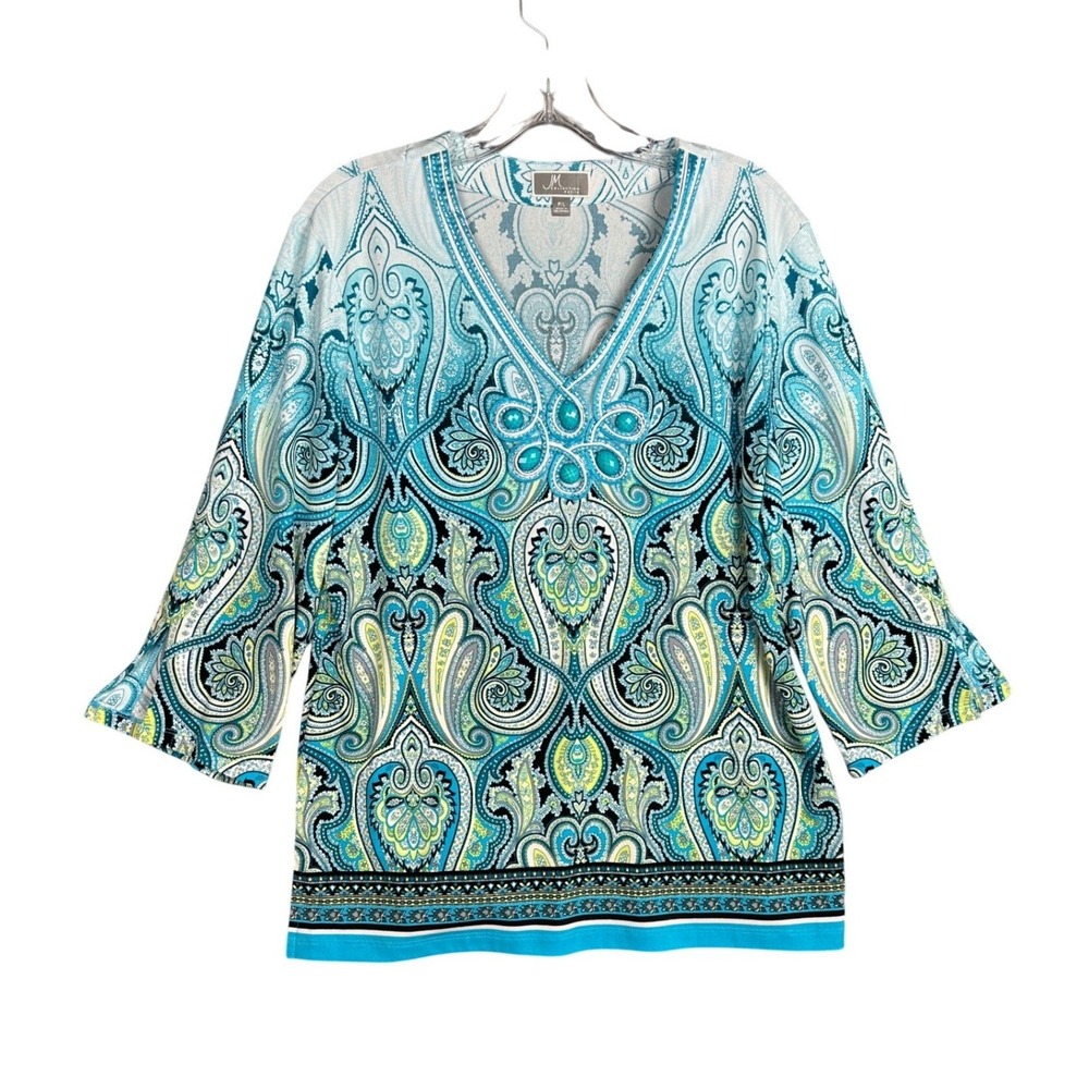 JM Collection Blouse Womens Petite L Blue Paisley Beaded Soutache 3/4 Sleeve Top - Picture 2 of 11